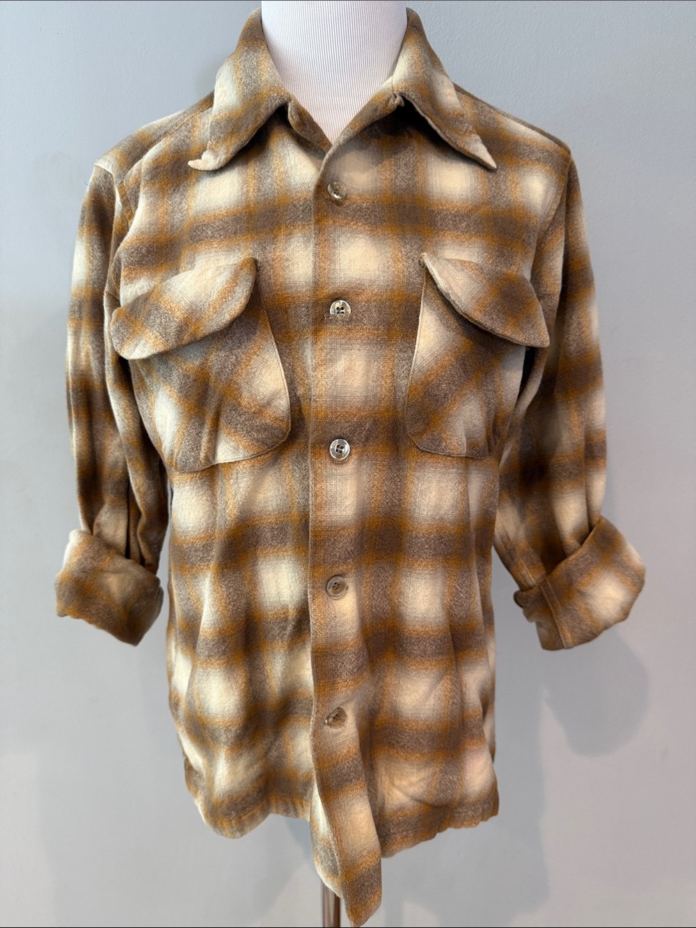 Vintage Pendleton Brown & Cream Plaid Lightweight wool Shirt Jacket- M